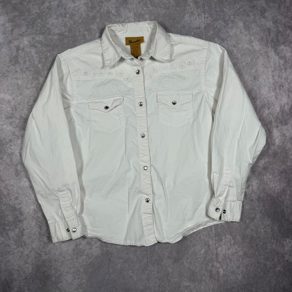 Wrangler Womens XL White Western Pearl Snap Floral Embroidered Shirt Cowgirl